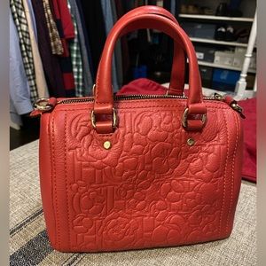 Carolina Herrera mini bowling bag, crossbody belt, CH print, orange red